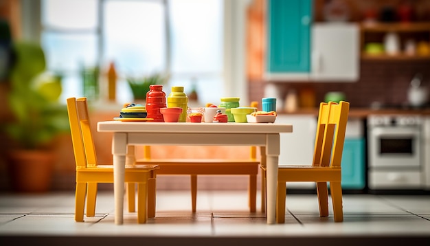 Mesa de cocina vacía con fondo de cocina espacio de mesa aislado borroso para productos y alimentos Com