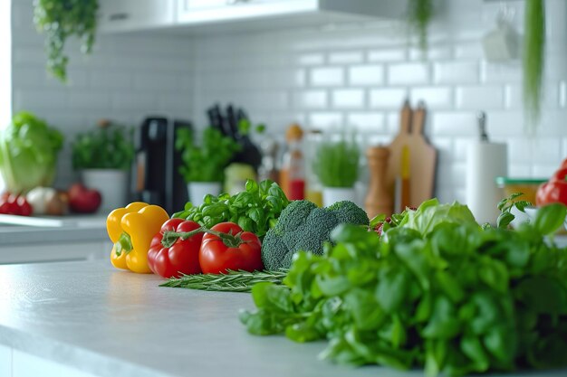 Mesa de cocina con varias verduras y frutas frescas para alimentos saludables y dietéticos con espacio para su producto o texto