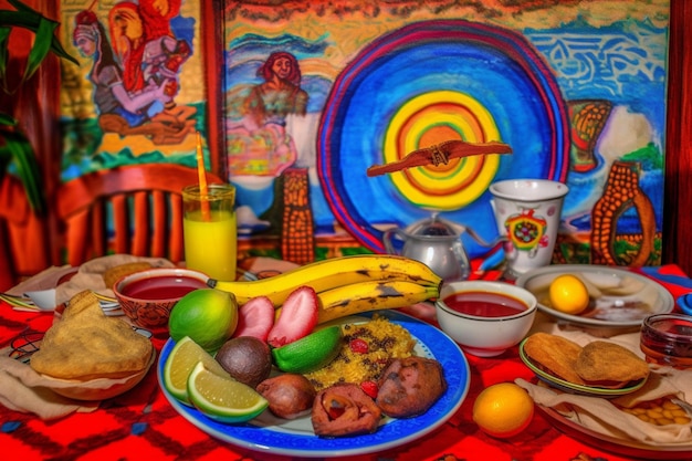 Una mesa colorida con un plato de comida y un cuadro.