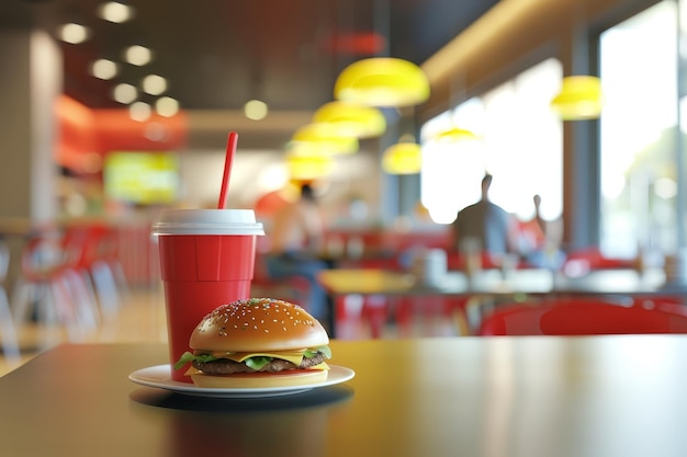 Una mesa colorida con una taza colorida y una hamburguesa colorida