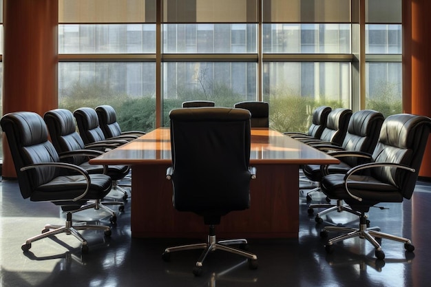 Foto mesa com cadeiras no interior da conferência