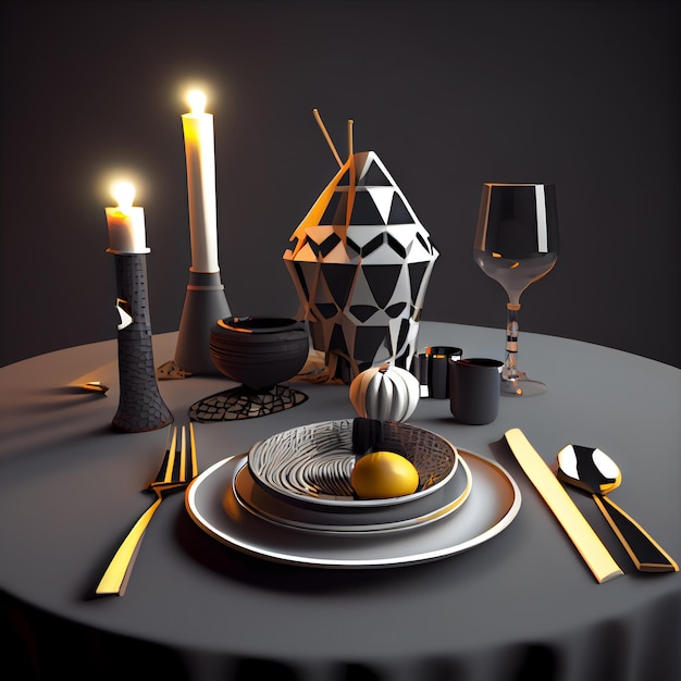 Foto mesa com castiçais de talheres e renderização 3d de abóboras