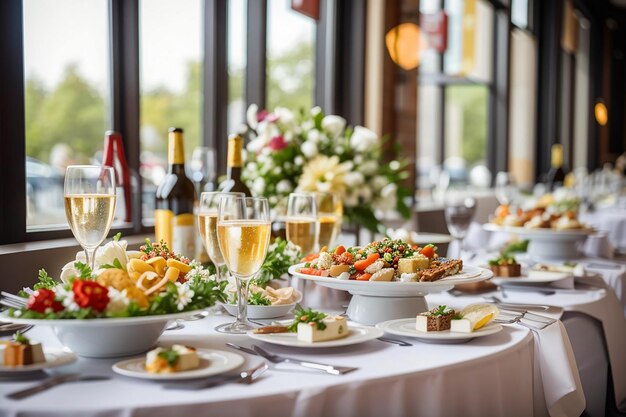 Mesa com comida e bebida no restaurante antes da festa de casamento