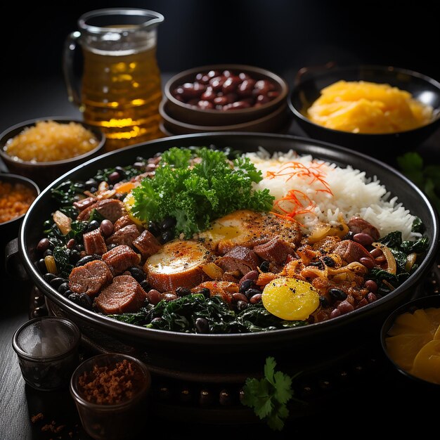 mesa_com_comidas_brasileiras_linguias_farofa_e_feijoada