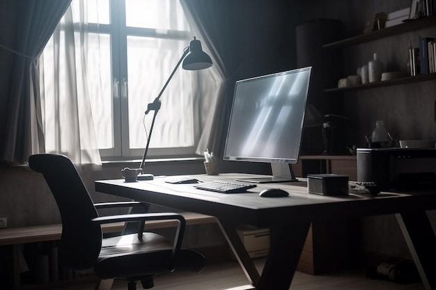 mesa com espaço de trabalho de computador portátil gerado ai