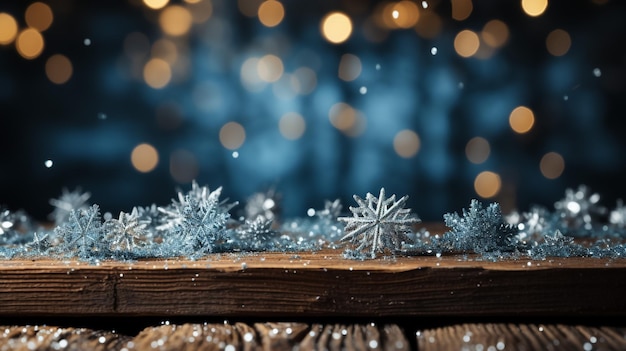 Mesa com espaço livre para o seu produto fundo azul de Natal luzes de Natal desfocadas na parte de trás