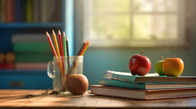 Mesa com materiais de escrita um livro e uma maçã em sala organizada generativa ai