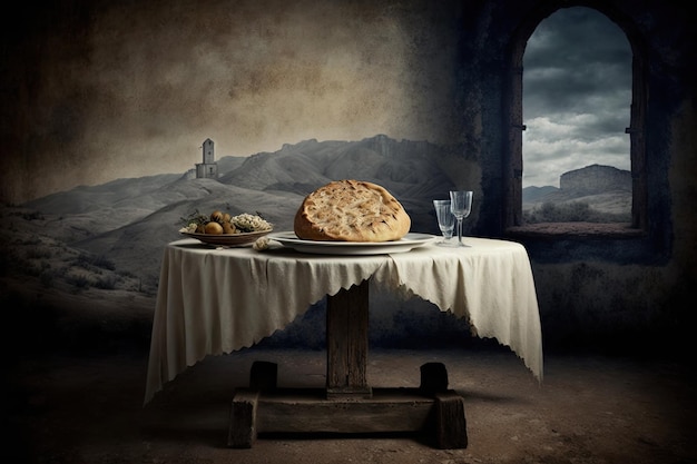 Mesa com pão e pano de fundo vintage