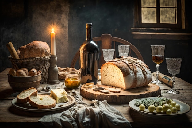 Mesa com pão, vinho e velas sobre ela IA generativa