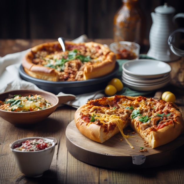 Foto mesa com pizzas e uma panela de comida nele