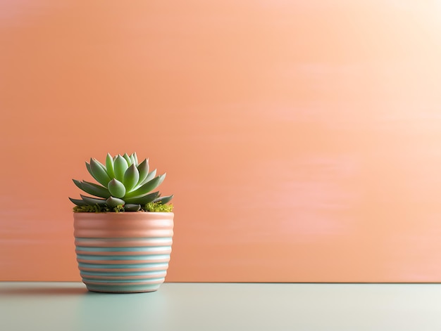 Foto mesa com planta suculenta em vaso de flores contra uma parede pastel brilhante ai generativa