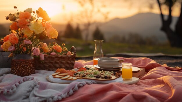 Mesa com prato de comida e vaso de flores