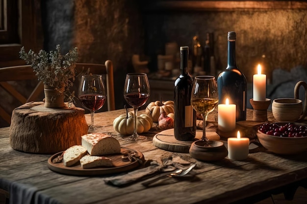 Mesa com queijo de vinho e velas nela IA generativa