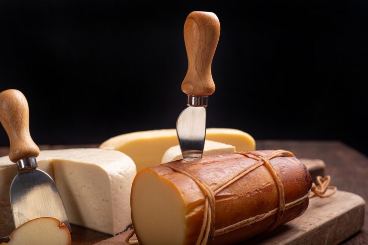 Foto mesa com queijos deliciosos queijos do brasil em uma mesa de madeira rústica foco seletivo