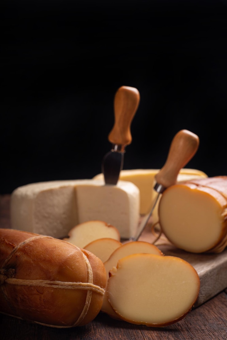 Foto mesa com queijos deliciosos queijos do brasil em uma mesa de madeira rústica foco seletivo