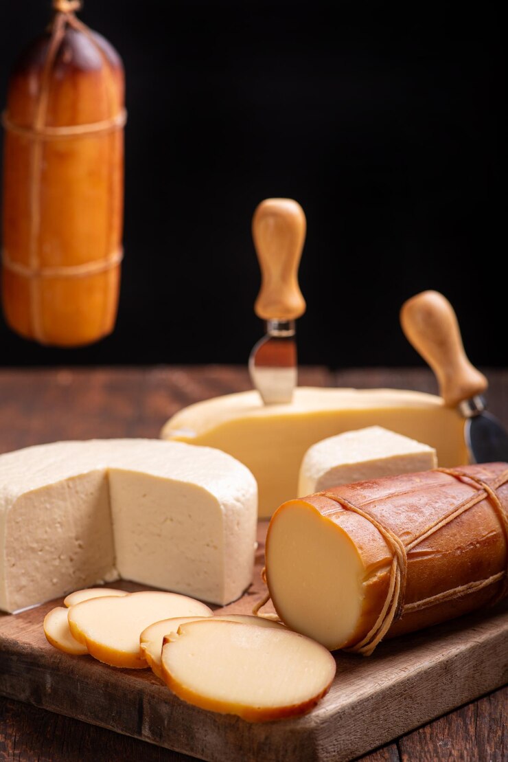 Foto mesa com queijos deliciosos queijos do brasil em uma mesa de madeira rústica foco seletivo