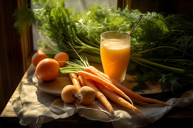 Mesa com suco de laranja e cenouras capturada na imagem