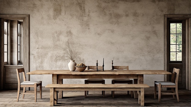 mesa com tampo de madeira e uma tigela de frutas em cima