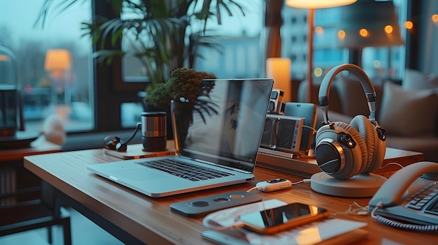 Mesa com telemóvel portátil e fones de ouvido prontos e arrumados para uso durante o teletrabalho remoto