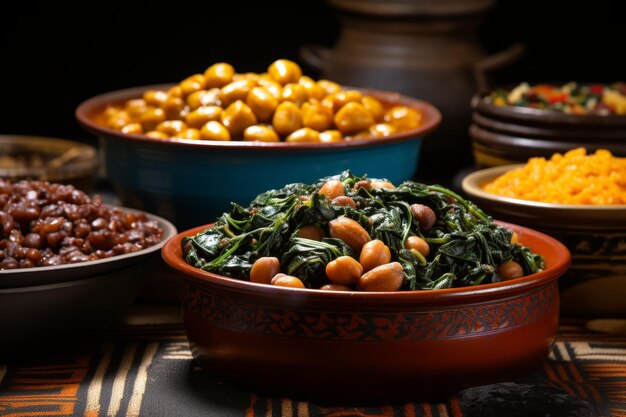 Foto mesa com tigelas de vários alimentos