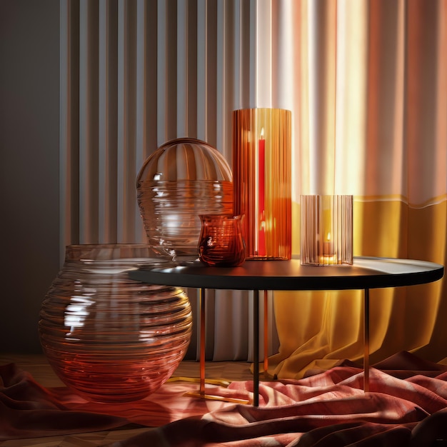 Foto mesa com um vaso de vidro e uma lâmpada nele