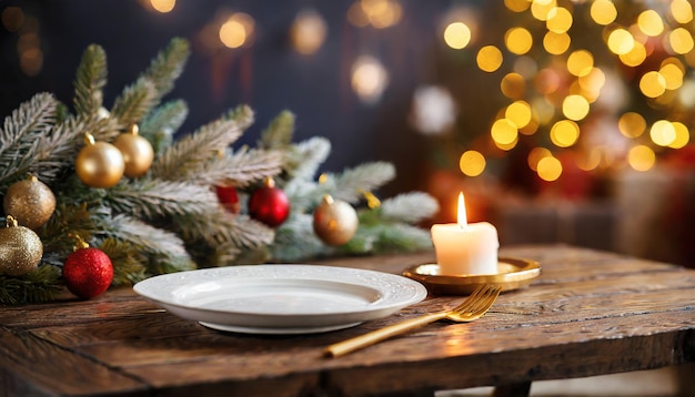 mesa com uma árvore de natal e uma vela ao fundo