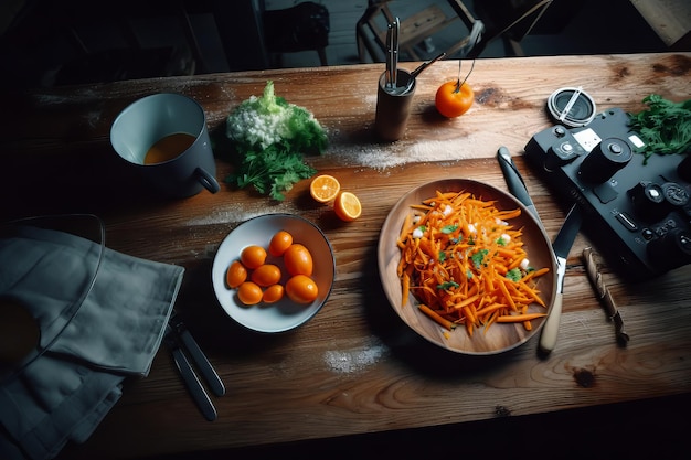 mesa com uma tigela de cenouras e uma tigela De cenouras