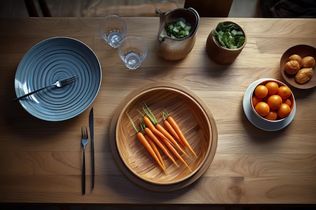 Foto mesa com uma tigela de cenouras e uma tigela de frutas sobre ele