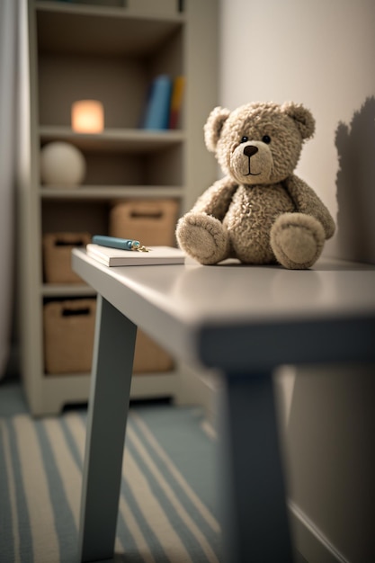 Mesa com ursinho de pelúcia no quarto do bebê Generative AI