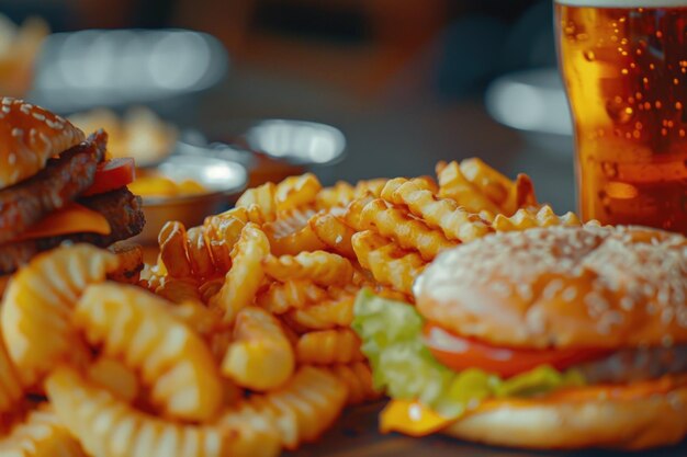 Foto mesa com variedade de alimentos, incluindo hambúrgueres fritos e salada
