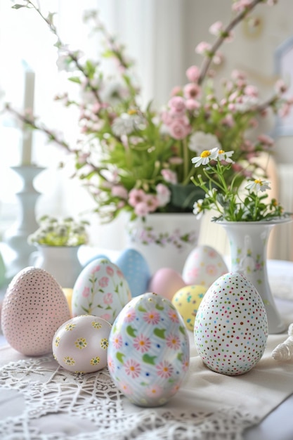 Mesa com vasos de ovos pintados