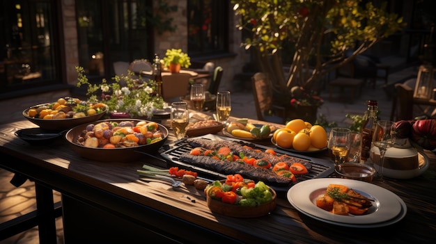 Mesa de comedor al aire libre con carne asada y verduras frescas