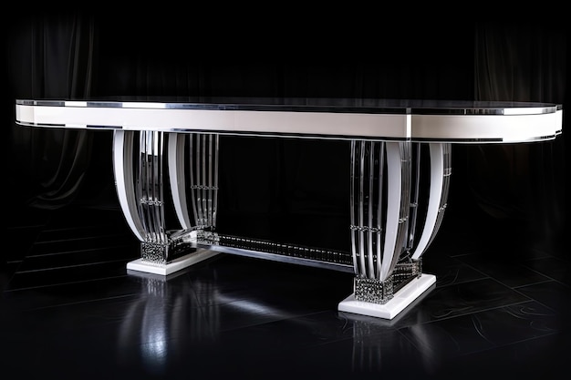 Mesa de comedor art deco con cristal y marco de plata.