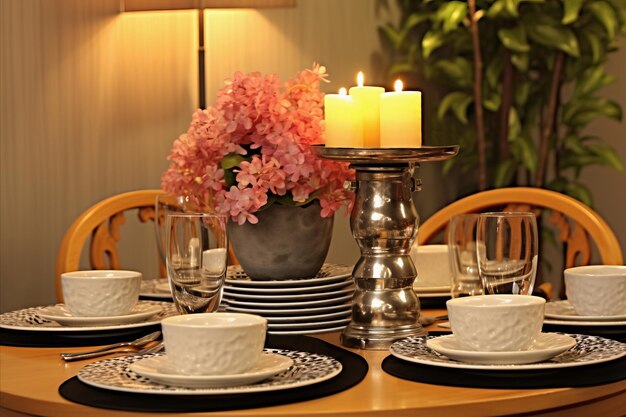 Una mesa de comedor bellamente servida con elegantes platos de candelabro y flores