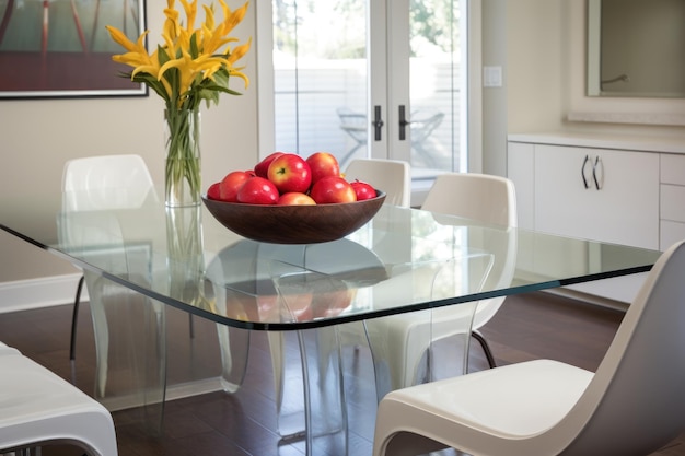 Una mesa de comedor de cristal con sillas blancas simples y un cuenco de frutas