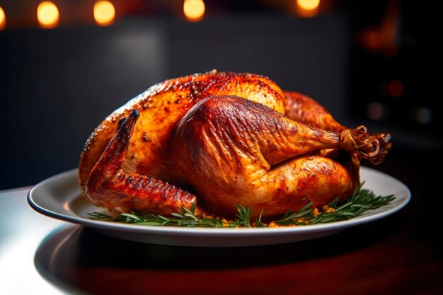 Foto mesa de comedor familiar con delicioso pavo asado en la bandeja para la celebración de acción de gracias comida tradicional estadounidense de vacaciones en la temporada de cosecha de otoño generada por la ia