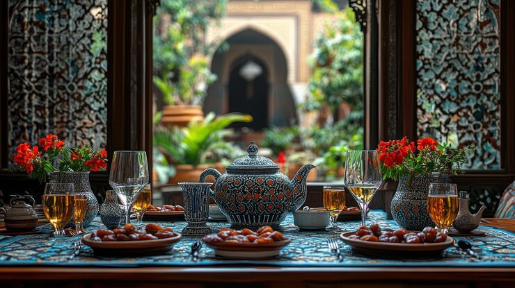 Mesa de comedor festiva con cerámica ornamentada que muestra un patio interior tradicional