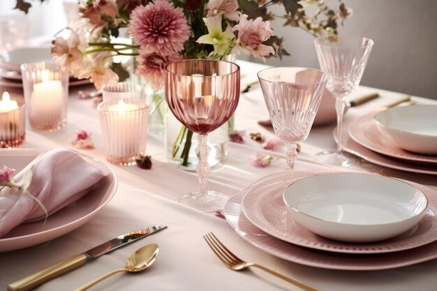 Mesa de comedor festiva con delicadas flores y vajilla elegante