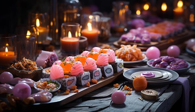 Mesa de comedor de Halloween con sushi colorido en la mesa