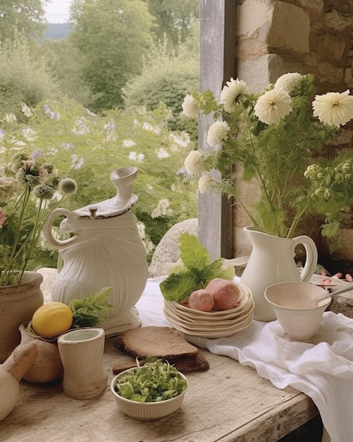 mesa de comedor en un jardín exuberante