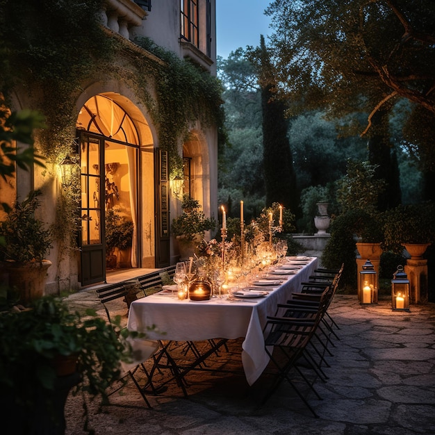 mesa de comedor en un jardín exuberante