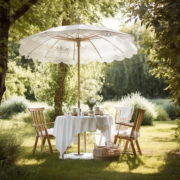 mesa de comedor en un jardín exuberante