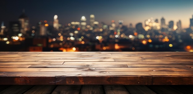 Foto mesa de comedor de madera con fondo borroso mientras miraba a la ciudad