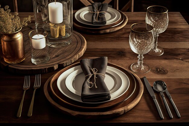 Mesa de comedor de madera natural con platos, vasos y cubiertos creados con ai generativo