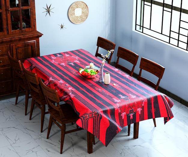 Mesa de comedor con mantel de rayas rojas y negras.