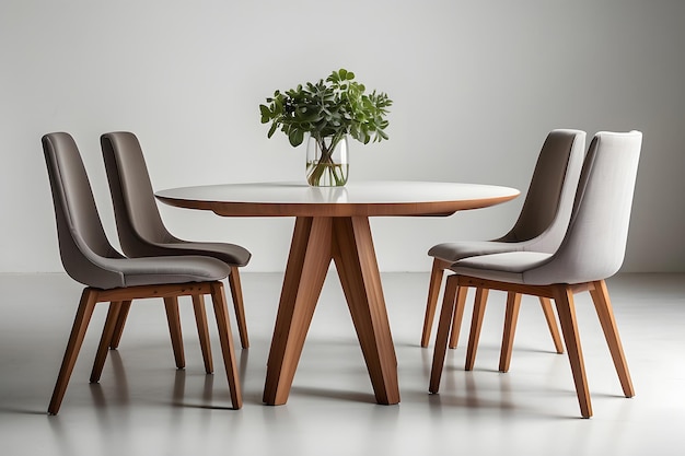 Mesa de comedor moderna aislada sobre una mesa y una silla de fondo blanco