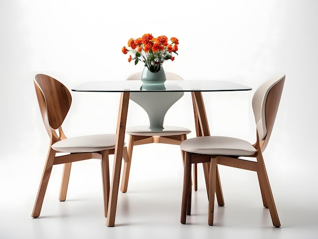 Mesa de comedor moderna aislada sobre una mesa y una silla de fondo blanco