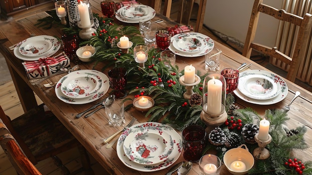Mesa de comedor navideña festiva con velas y decoración navideña