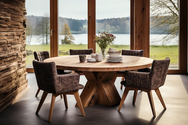 Mesa de comedor redonda de losas de madera y sillas curvas en un pequeño comedor de estilo japonés