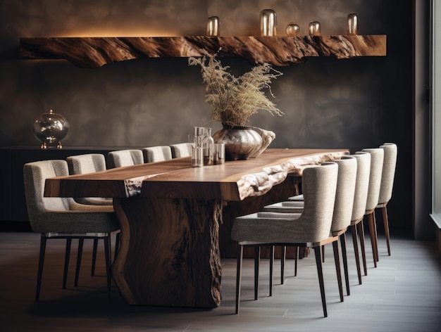 Mesa de comedor rústica hecha de losas de madera y troncos Diseño interior de un comedor moderno